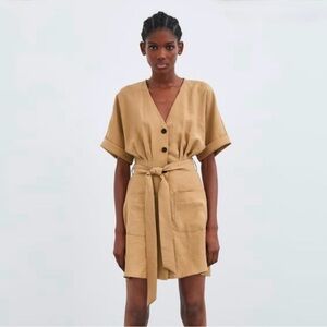 Zara Tan/Nude Button-down Midi Dress with Tie
